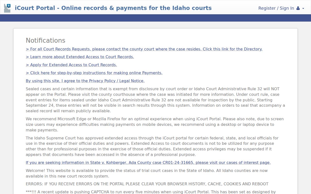 Elmore County criminal history Idaho iCourt portal
